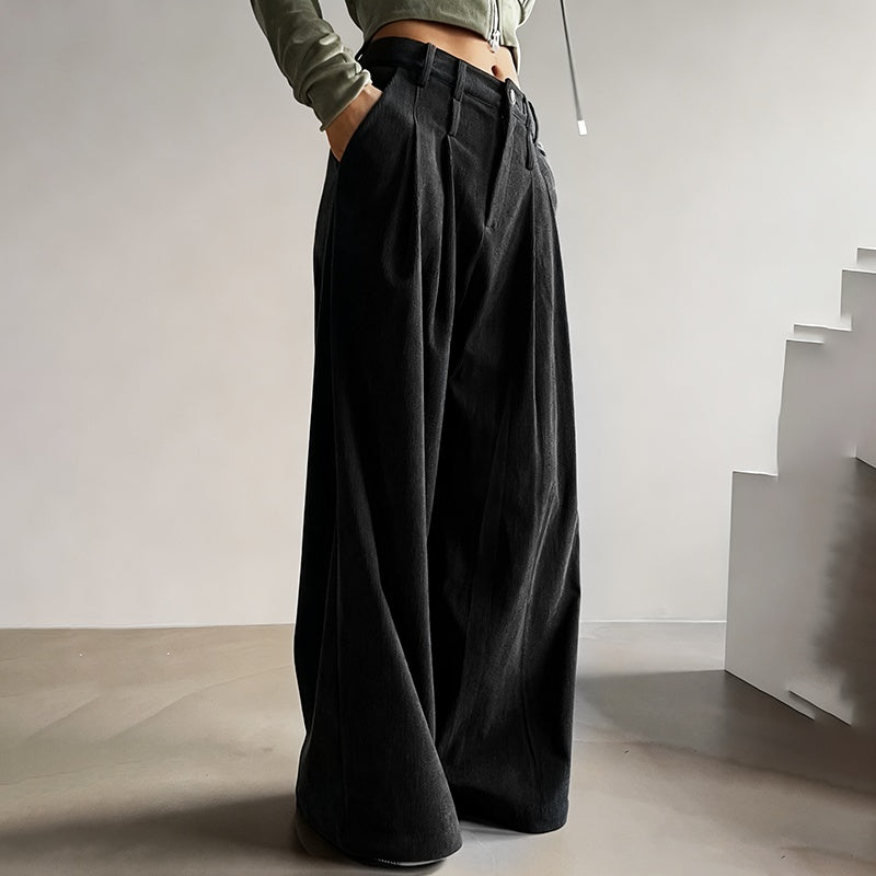 Women's Solid Color High-Waisted Pleated Pants with Pockets Wide Leg