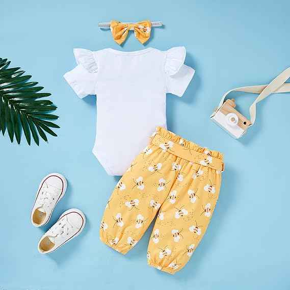 Infant Baby Girl Sweet Bee Outfits Letter Print Romper Honey Bees Pants Bowknot Headband Clothes Set