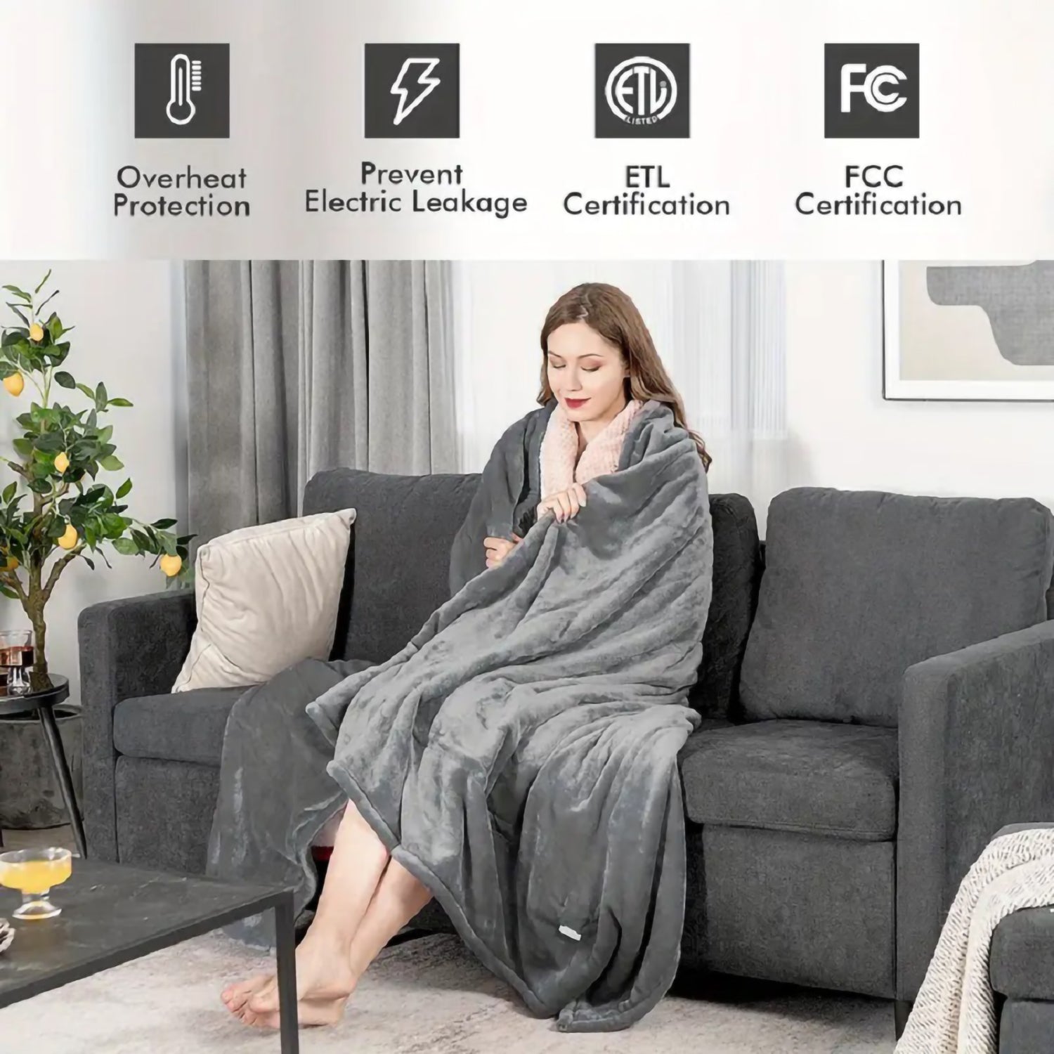 Heated Blanket Queen Size With Dual Zone Control - 10 Heat Settings Electric Throw Blanket With Automatic Shut Off Timer, Machine Washable Soft Flannel on couch with safety features. Main image