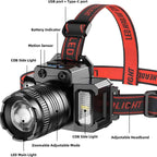 LED Tactical Headlamp Head Torch USB Rechargeable Motion Sensor Headlight Zoomable 5 Modes Emergency Power Bank For Mobile Phone