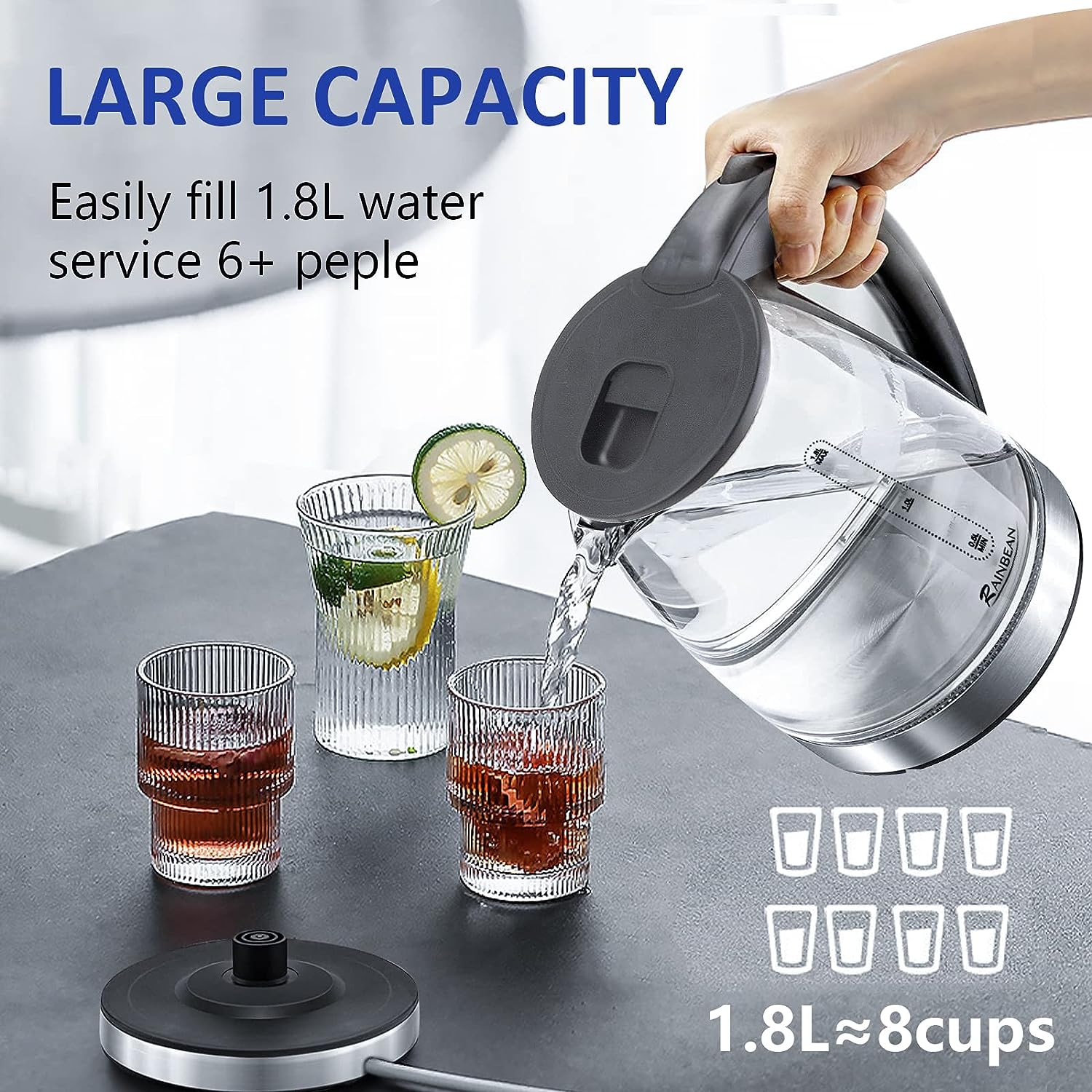 Electric Kettle Water Boiler 1.8L Wide Opening LED Light Auto Shut Off