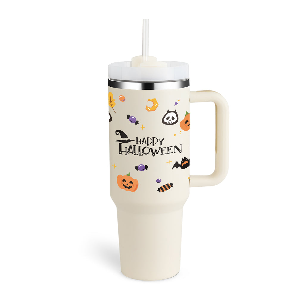 40oz Insulated Stainless Steel Tumbler Handle Straw Lid with Halloween designs and handle for easy carrying.