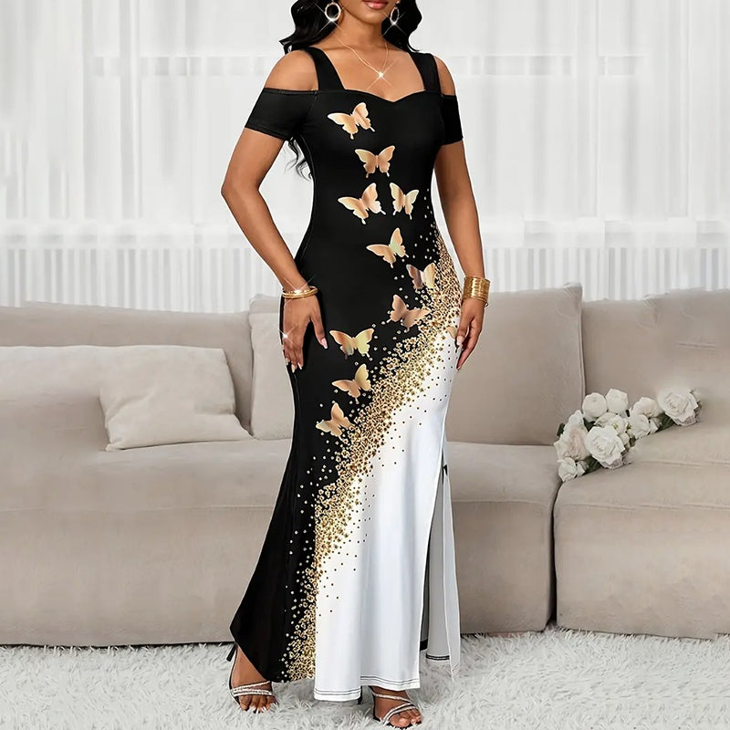 Women's Color-Block Butterfly Print Maxi Dress Off-Shoulder Gown Slit