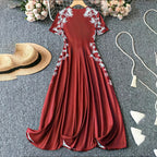 Women's Elegant Short Sleeve Maxi Dresses Casual Empire Waist Long Dress in maroon with floral embroidery detail.