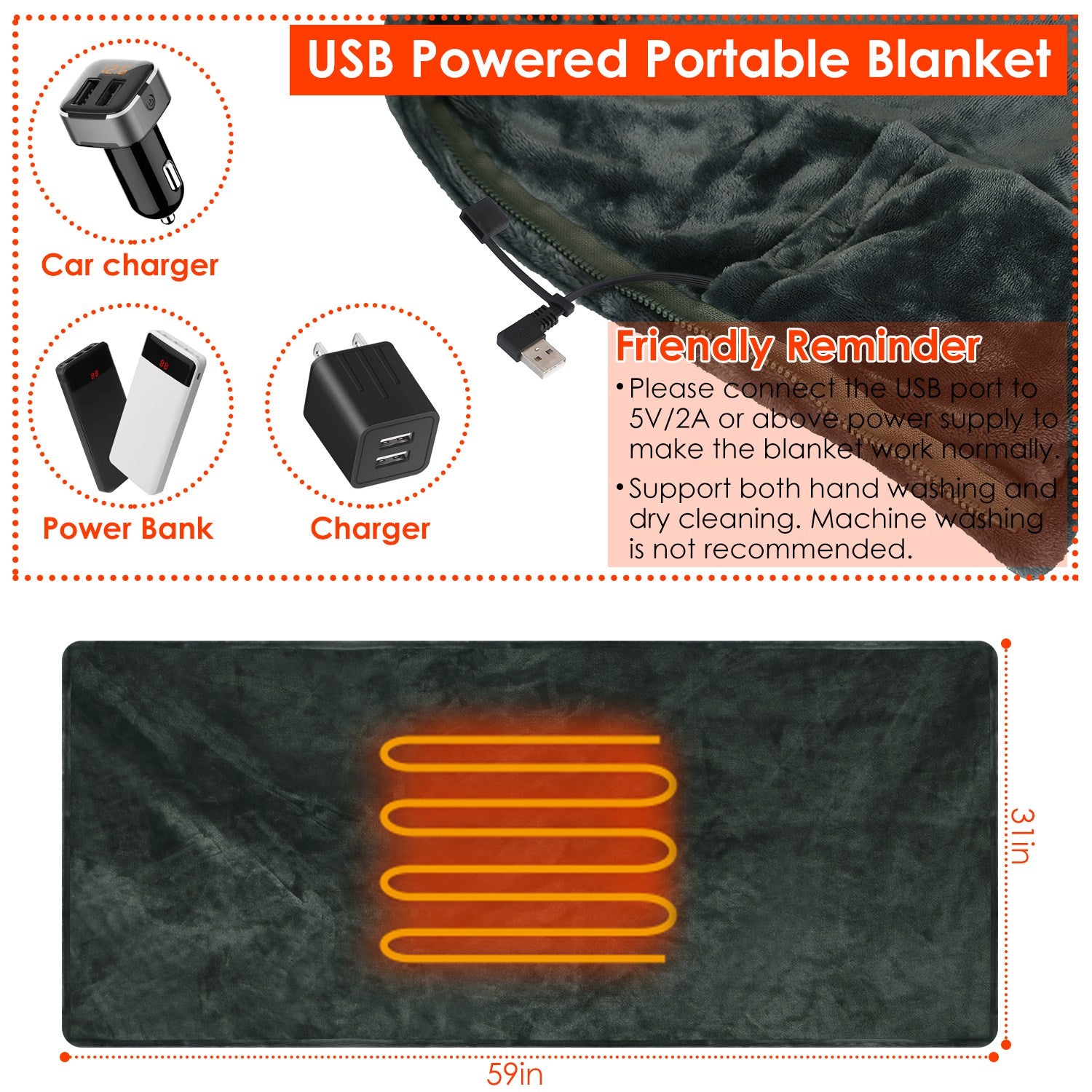 1Pc  59x31in USB Heated Blanket Electric Heated Blanket Heated Poncho Shawl Wrap Throw With Zipper Washable For Home Office No Power Bank Compatible With CJCD2415461