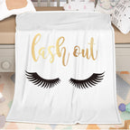 Flannel Velvet Blanket Long Eyelashes with lash out text and eyelash graphic on a soft white surface.