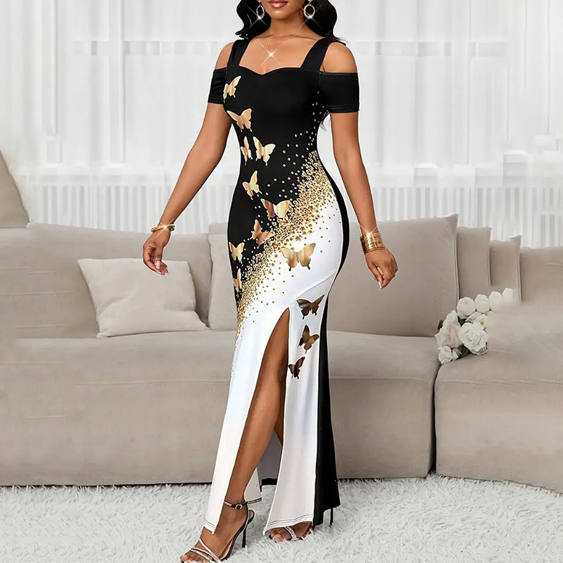 Women's Color-Block Butterfly Print Maxi Dress Off-Shoulder Gown Slit