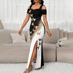 Women's Color-Block Butterfly Print Maxi Dress Off-Shoulder Gown Slit