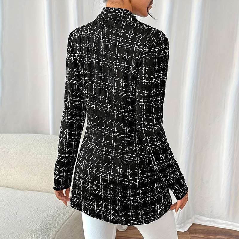 Elegant Women's Plaid Blazer, Notch Lapel Long Sleeve Jacket For Office And Casual Wear
