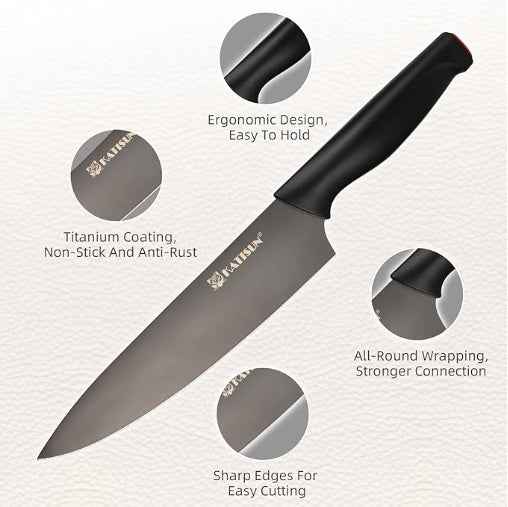 15-Piece Knife Set, High Carbon Stainless Steel Imported From Germany, Beveled Mercerized Blade, Black Titanium Stainless Steel Knives Block Set With Built-in Sharpener, Non-Slip Handles