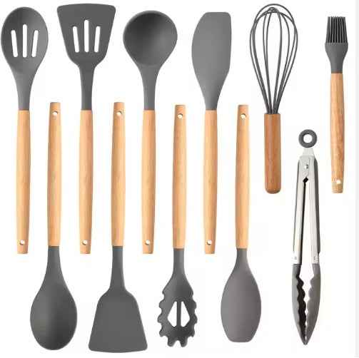 Non-Stick Silicon 12 Pcs Heat Resistant Wooden Handle Kitchen Cooking Utensils Set, Gray Color Main image