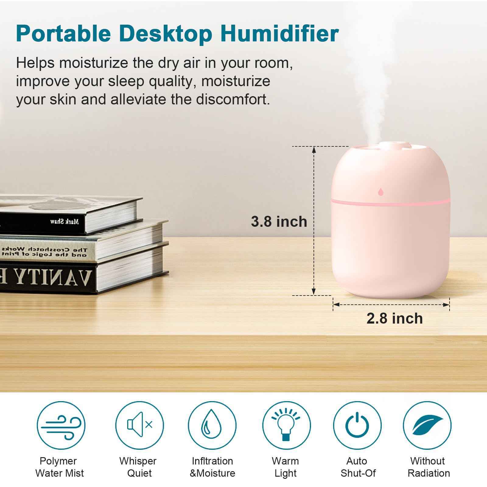 Portable USB Humidifier 220ml Cool Mist Small Humidifier for Home & Office