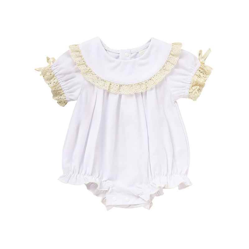 Baby Girl White Lace Romper Soft & Stylish Short Sleeve Bubble Jumpsuit For Wedding Season & Summer