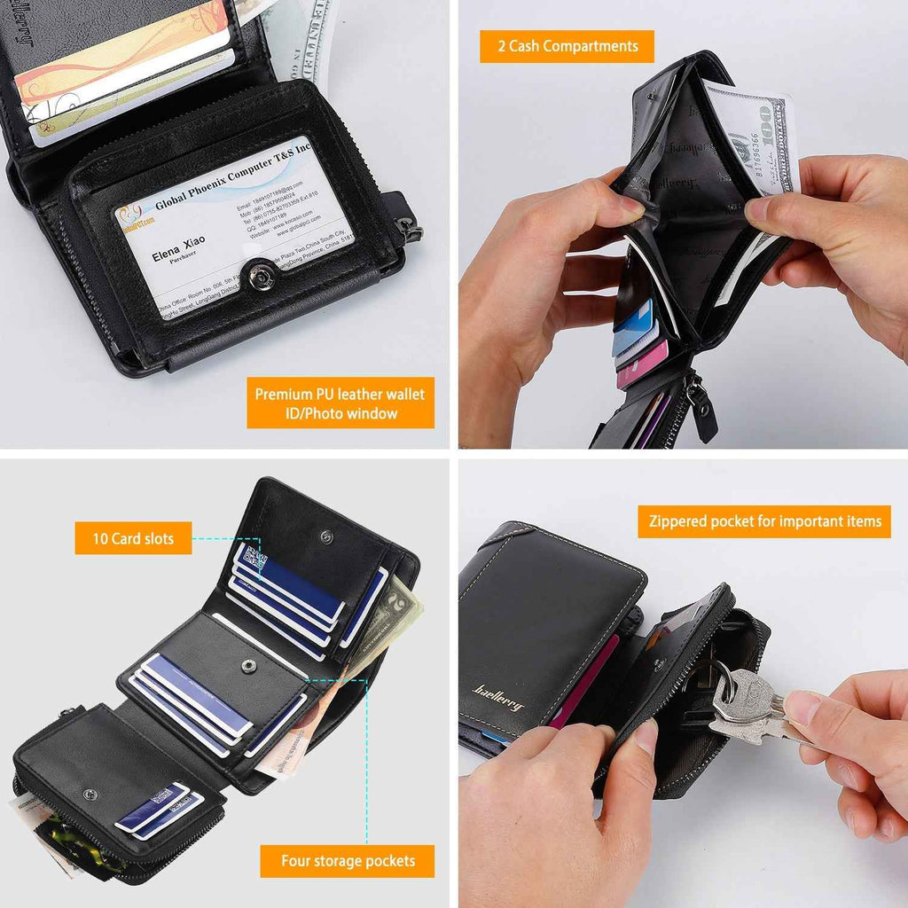 1Pc Men Leather Wallet ID Card Holder Purse Trifold Clutch Money Zipper With ID Window 14 Credit Card 1 ID Card