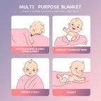 Multi Purpose Blanket for babies in four scenarios: sleeping, outdoor use, cuddling, and cozy covering.