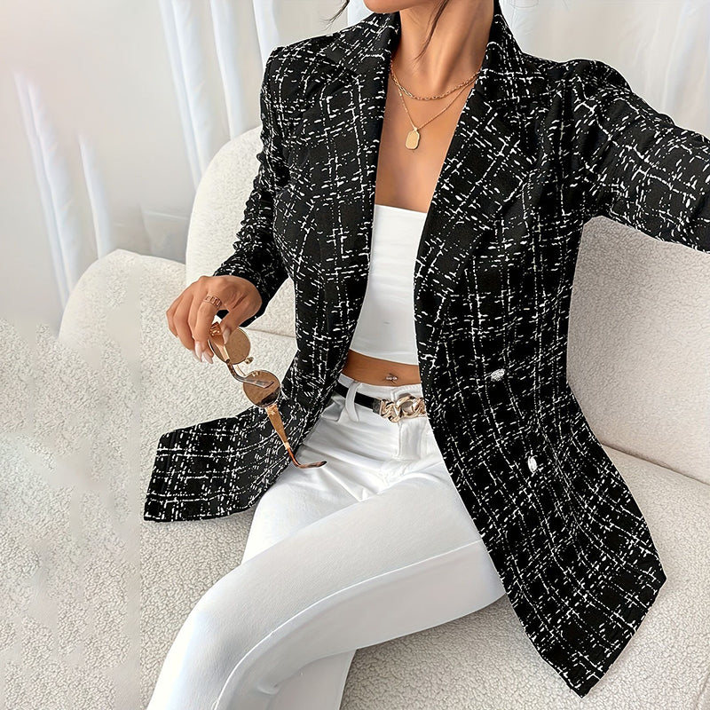 Elegant Women's Plaid Blazer, Notch Lapel Long Sleeve Jacket For Office And Casual Wear