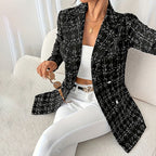 Elegant Women's Plaid Blazer, Notch Lapel Long Sleeve Jacket For Office And Casual Wear