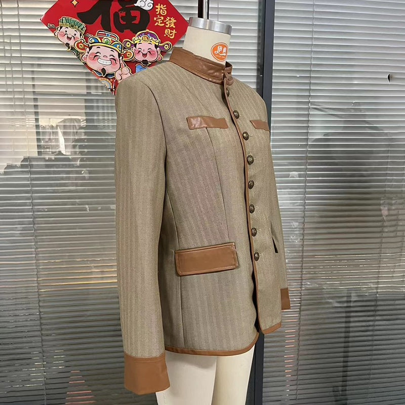 Women's Retro Elegant Jacket, Color-Block Button Front Coat With Stand Collar For Casual And Formal Wear displayed on a mannequin.