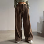Women's Solid Color High-Waisted Pleated Pants with Pockets Wide Leg