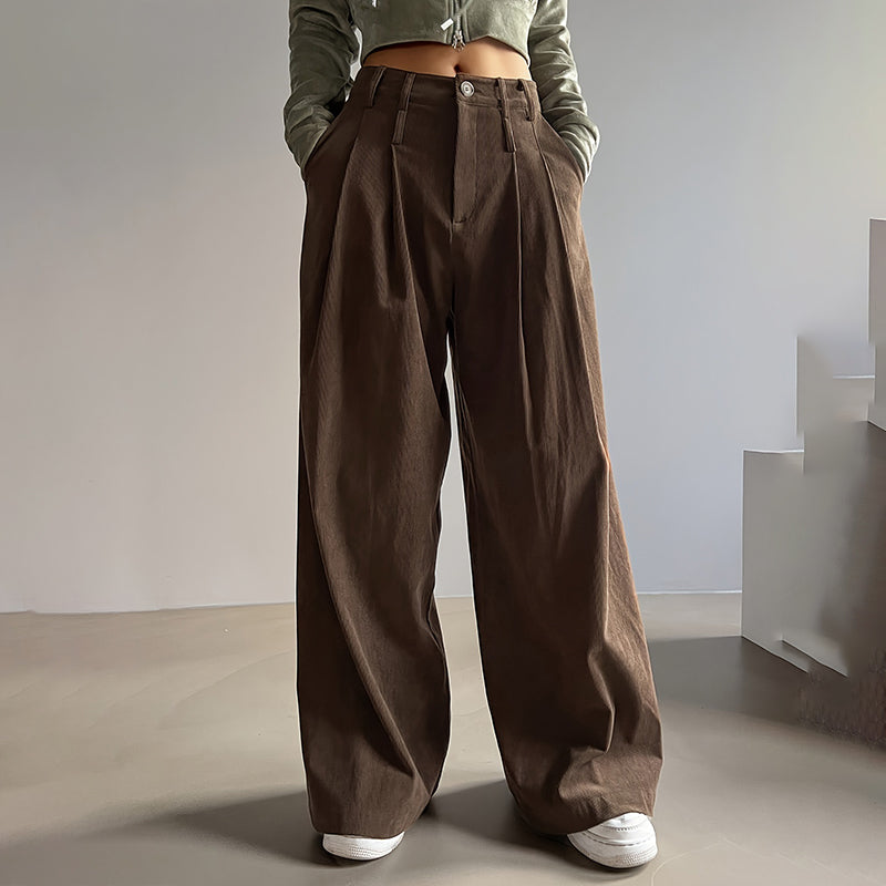 Women's Solid Color High-Waisted Pleated Pants with Pockets Wide Leg