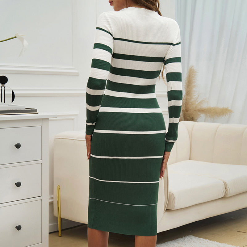 Women's Long Sleeve Bodycon Sweater Dress Round Neck Midi Dress