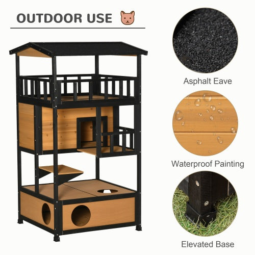 Wooden Outdoor Cat House, Wild Cat Shelter Kitten Tree Weatherproof