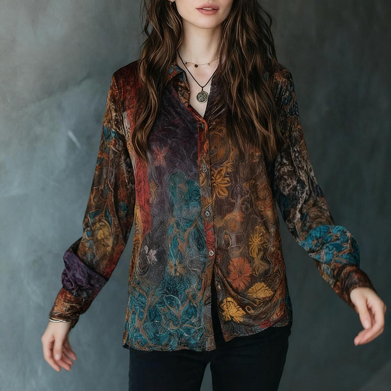 Women's Retro Boho Floral Shirt - Button Down Long Sleeve Blouse Top