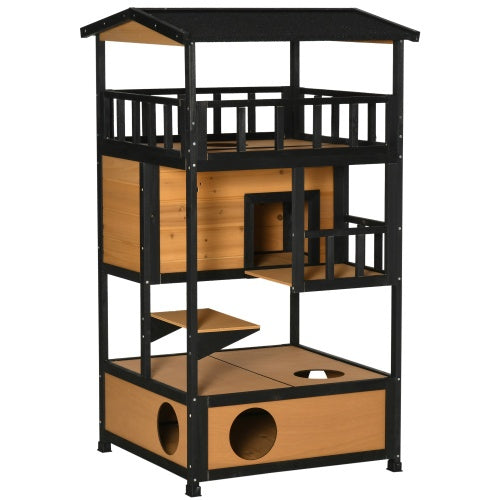 Wooden Outdoor Cat House, Wild Cat Shelter Kitten Tree Weatherproof