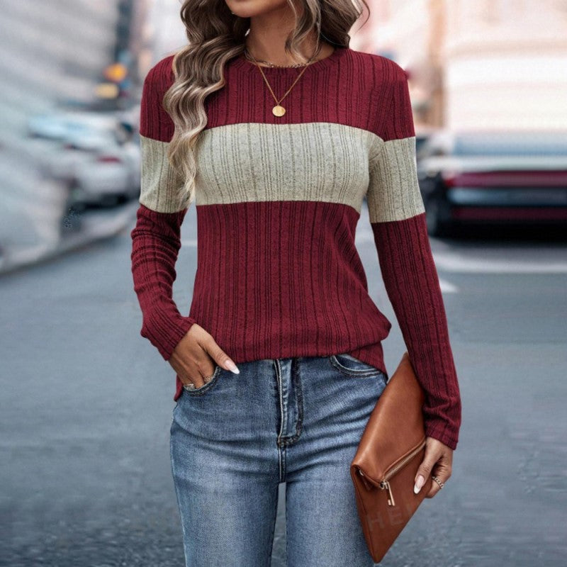 Women's Elegant Color-Block Round Neck Top - Basic Solid Color Contrast Casual Shirt For Fall&Winter worn by a woman in street style.