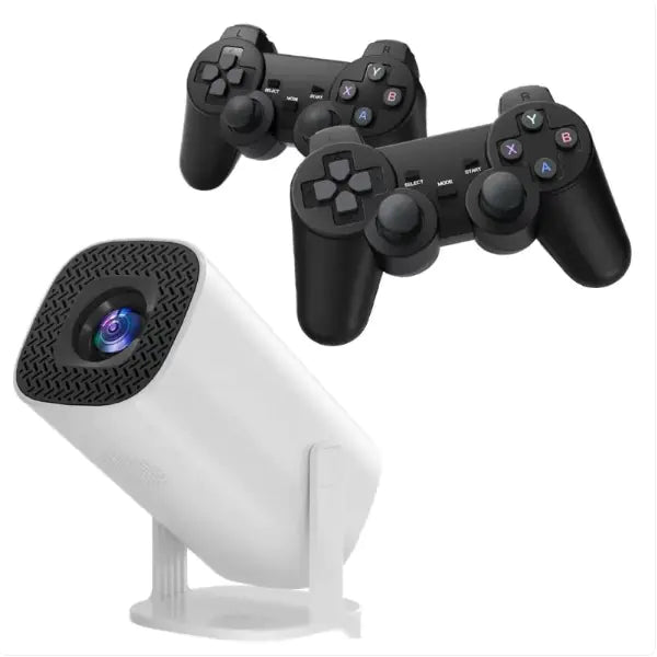 P30 Game Console Projector with controllers, showcasing hybrid gaming and projection capabilities.