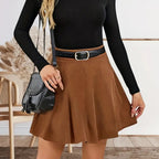 Suede-Look A-Line Mini Skirt High Waist Elastic Above-Knee Spring