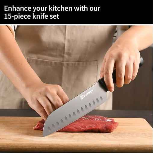 15-Piece Knife Set, High Carbon Stainless Steel Imported From Germany, Beveled Mercerized Blade, Black Titanium Stainless Steel Knives Block Set With Built-in Sharpener, Non-Slip Handles