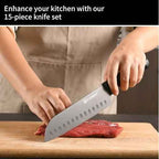 15-Piece Knife Set, High Carbon Stainless Steel Imported From Germany, Beveled Mercerized Blade, Black Titanium Stainless Steel Knives Block Set With Built-in Sharpener, Non-Slip Handles
