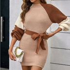 Women's Color Block Sweater Midi Dress - Fall Long Sleeve Bodycon Dress