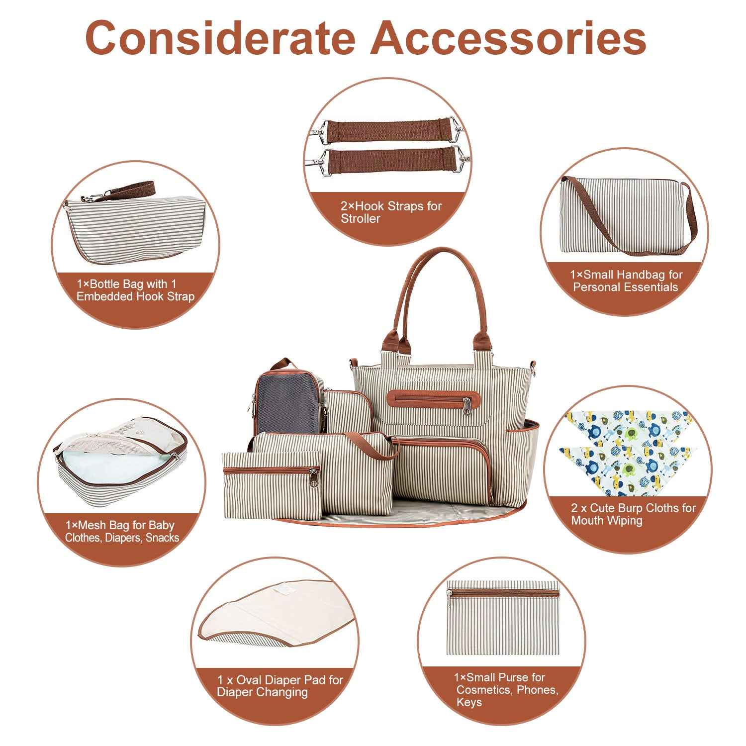 8Pcs Baby Nappy Diaper Bags Set For Mom Dad Mummy Handbags Multifunctional Diaper Changing Bags With Bottle Bag Mesh Bag Purse Diaper Pad 2 Burp Cloths 2 Hook Straps