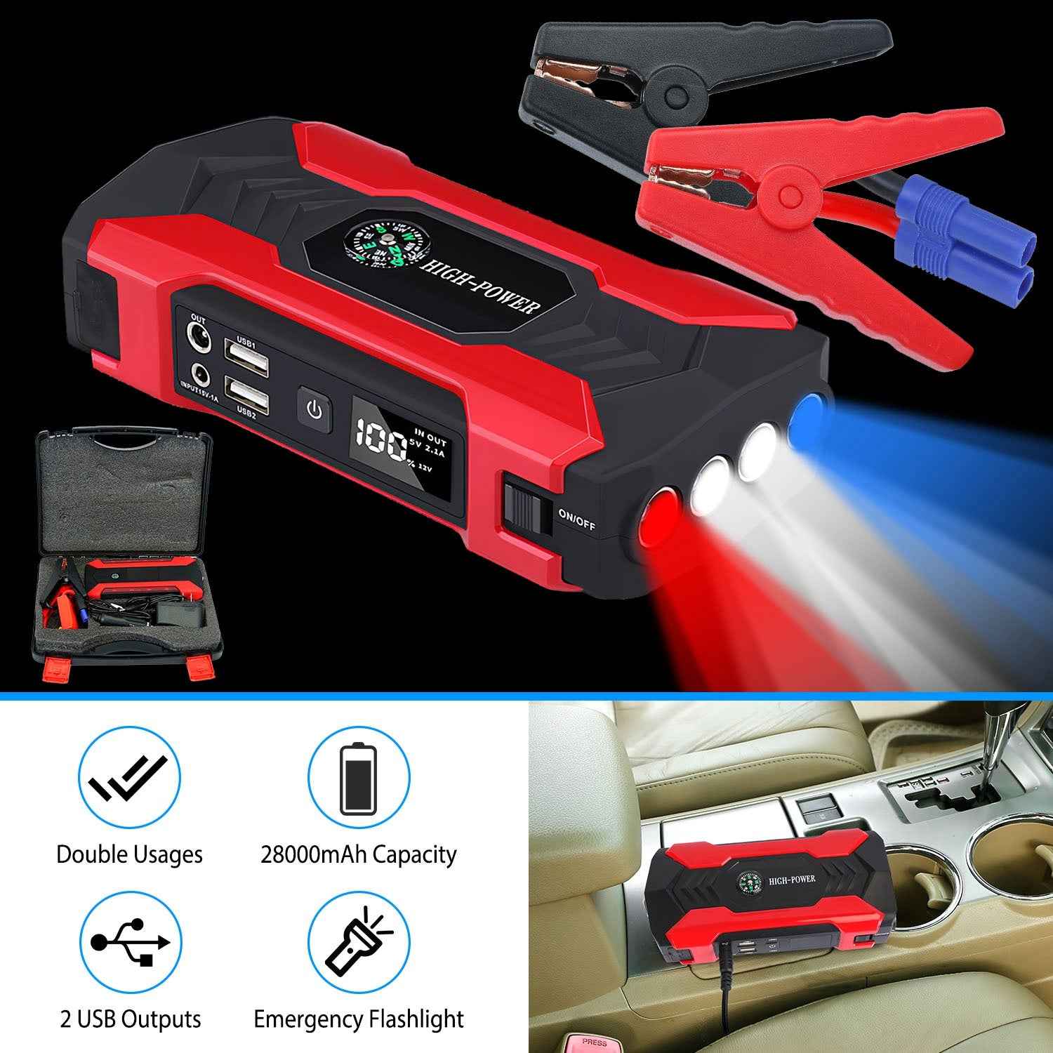 Car Jump Starter Booster 800A Peak 28000mAh 12V Battery Charger Up To 6.0L Gas Or 3.0L Diesel Engine With LCD Screen 4 Modes LED Flashlight