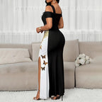 Women's Color-Block Butterfly Print Maxi Dress Off-Shoulder Gown Slit