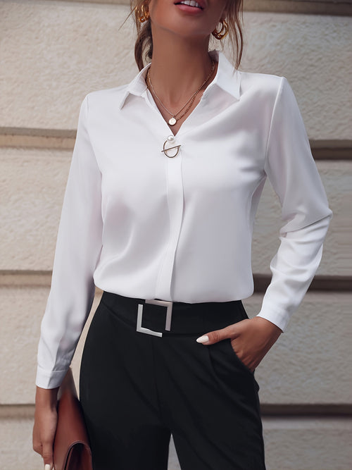 Women’s Elegant Long Sleeve Business Shirt with Pearl Buttons – Stand Collar, Polyester, All-Season Wear