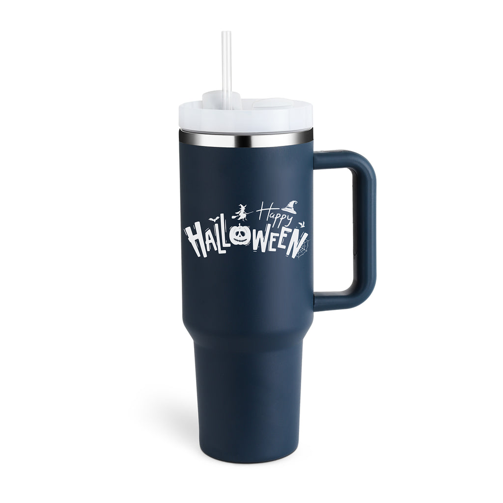 40oz Insulated Stainless Steel Tumbler Handle Straw Lid with Halloween design, perfect for drinks on-the-go.