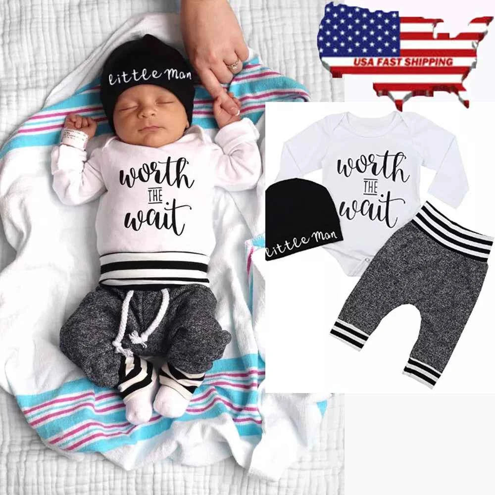 US Newborn Baby Boy Girl Tops Romper Bodysuit Jumpsuit Pants Outfits Clothes Set Main image