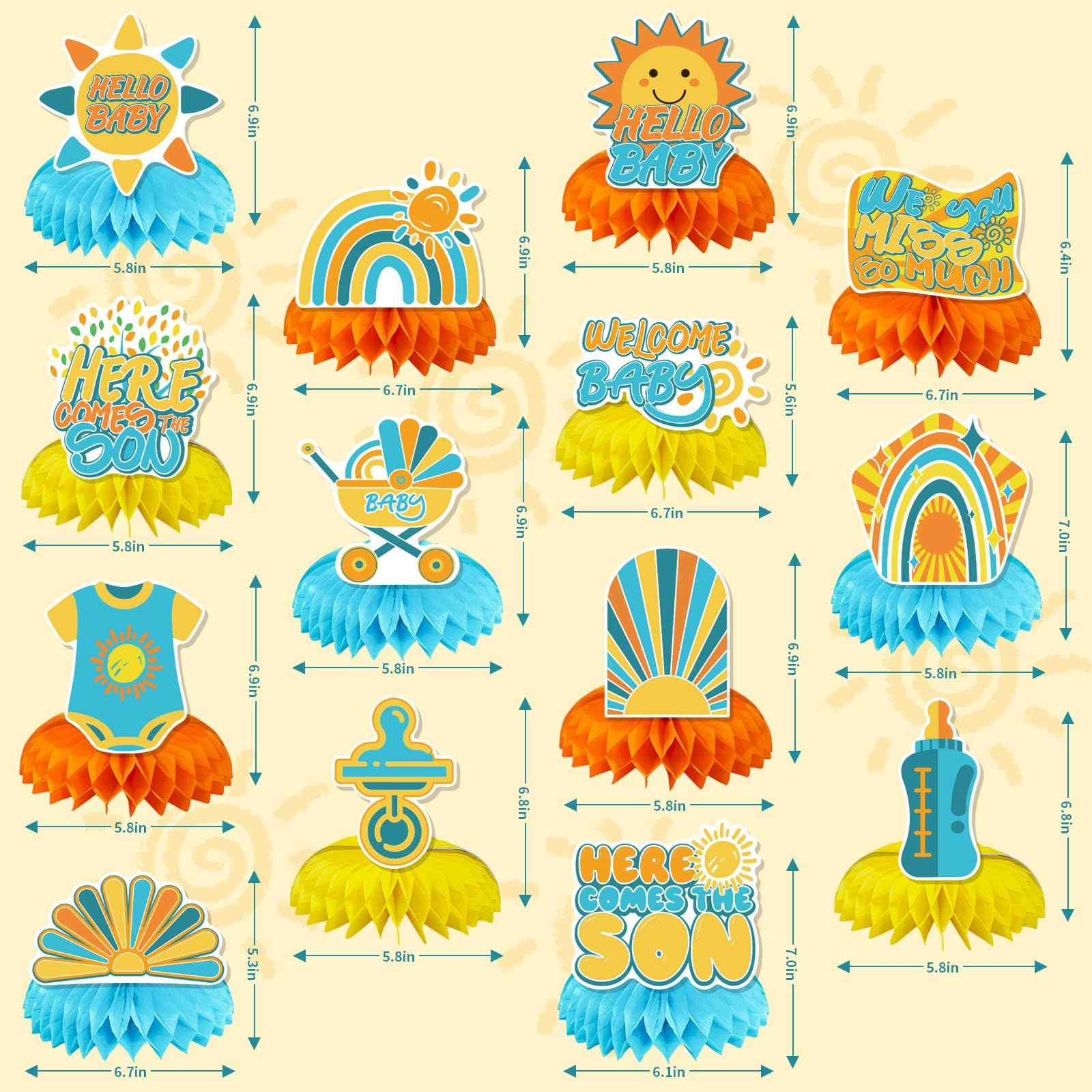 14 Pcs Here Comes The Son Baby Shower Decor, Baby Shower Honeycomb Centerpieces Set For Tables Here Comes The Son Sunshine Decorations Boho Rainbow Sun Gender Reveal Party Favors Supplies Clearance