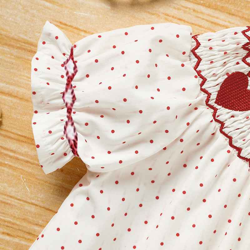 Baby Girl's Valentine's Day Dress Short Sleeve Red Heart Embroidery Dress With Headband Smocked Princess Party Dress