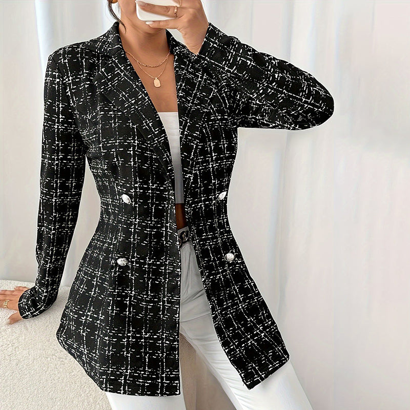 Elegant Women's Plaid Blazer, Notch Lapel Long Sleeve Jacket For Office And Casual Wear