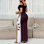 Women's Color-Block Butterfly Print Maxi Dress Off-Shoulder Gown Slit
