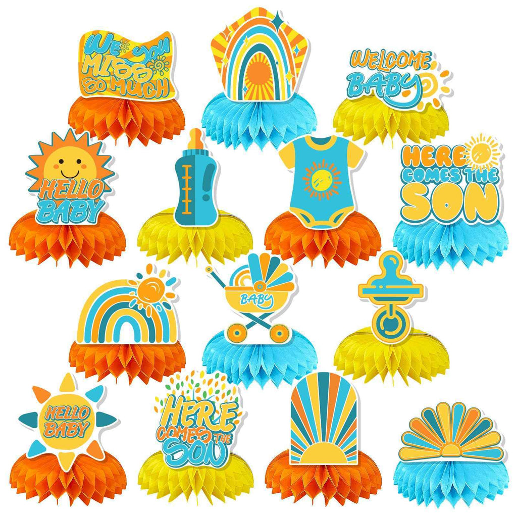 14 Pcs Here Comes The Son Baby Shower Decor, Baby Shower Honeycomb Centerpieces Set For Tables Here Comes The Son Sunshine Decorations Boho Rainbow Sun Gender Reveal Party Favors Supplies Clearance