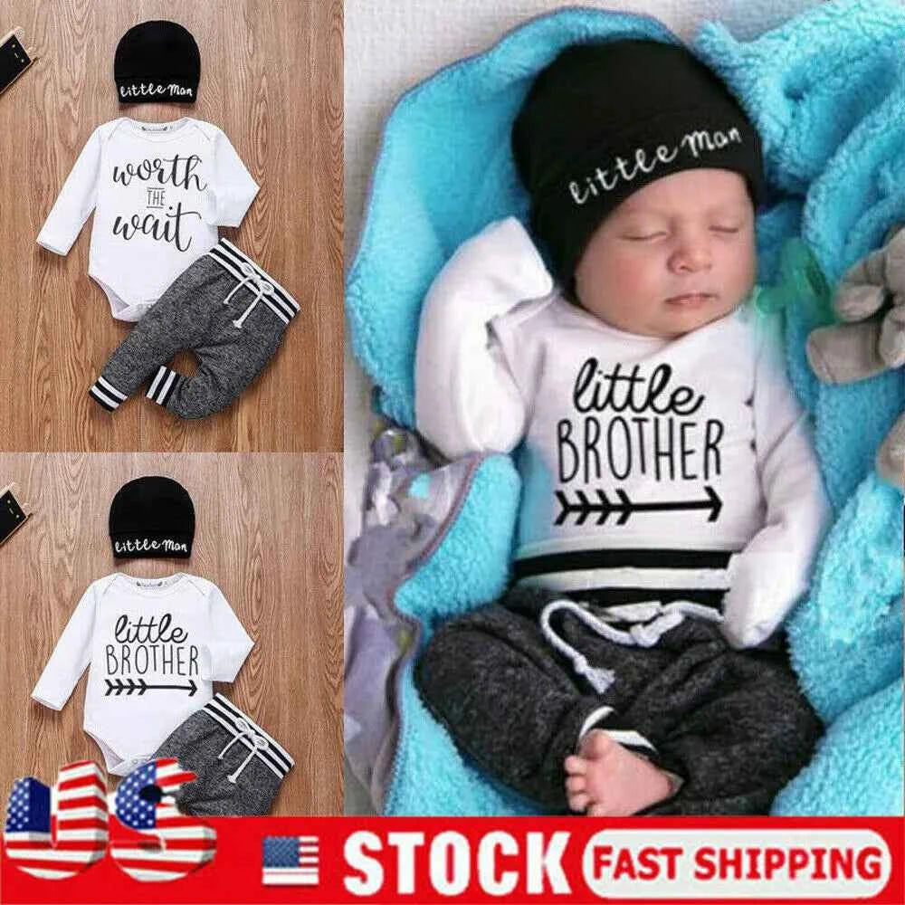 US Newborn Baby Boy Girl Tops Romper Bodysuit Jumpsuit Pants Outfits Clothes Set