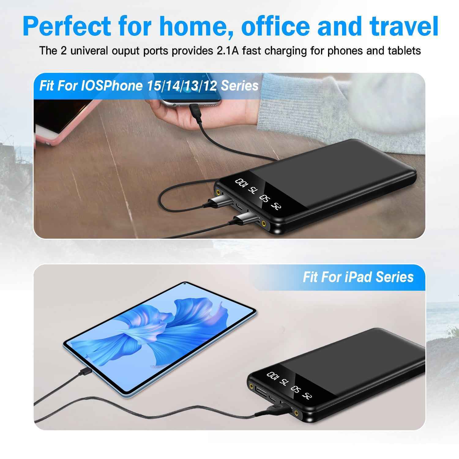 10,000mAh Portable Power Bank, Dual USB Output, Slim Travel Charger with LED Display & Emergency Flashlight, Universal Compatibility