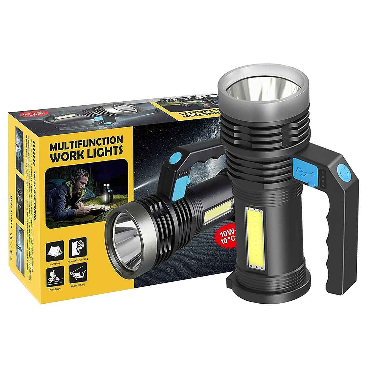 LED Flashlight USB Rechargeable Torch COB Spotlight Camping Light High Lumens Emergency Lamp 3 Modes Waterproof