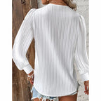 Women's Lace Trim V-Neck Blouse Puff Long Sleeve Dressy Casual Work Shirt