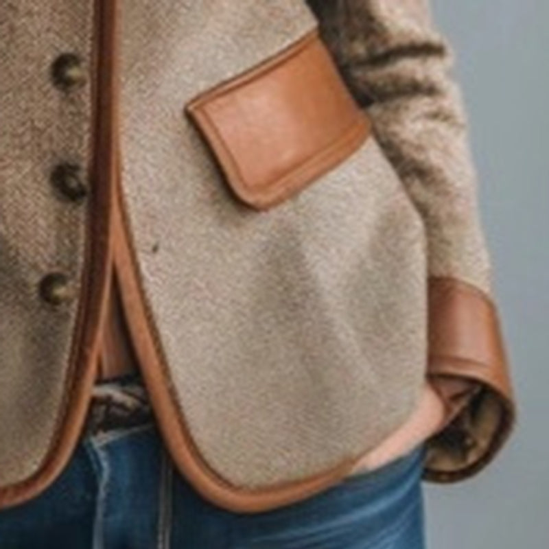 Women's Retro Elegant Jacket, Color-Block Button Front Coat With Stand Collar For Casual And Formal Wear - close-up of pocket.